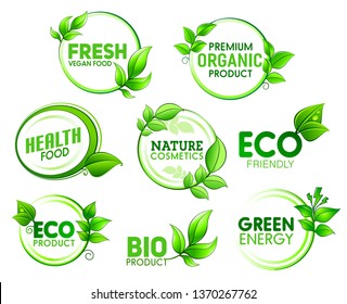 Green leaves vector icons of eco friendly and green energy, bio, organic and nature cosmetics, fresh and health food products. Round label, emblem or symbol design with leafy branches and stems