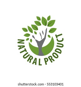 Green leaves vector logo for organic, natural, eco or bio products, isolated on white background, hand in a tree