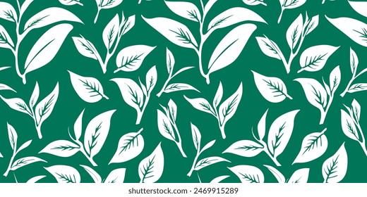 green leaves vector pattern background. Green tea leaf seamless pattern. tea leaves pattern background. seamless patterns with green leaves of tea.