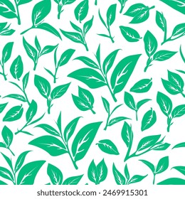 green leaves vector pattern background. Green tea leaf seamless pattern. tea leaves pattern background. seamless patterns with green leaves of tea.