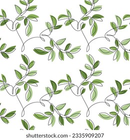 Green leaves vector seamless pattern. Abstract floral illustration. Botanical backdrop. Line continuous wallpaper, graphic background, fabric, textile, minimal print, package design.