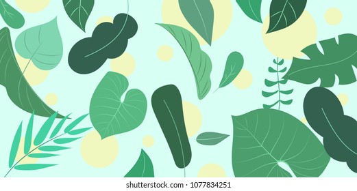 Green leaves vector with yellow dots on light green background. Shapes of leaf vector. Natural wallpaper. Cute leaves and forest pattern vector. Nature day background. 