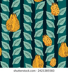 green leaves with vertical greenish stripes and tropical durian fruit seamless pattern. Green leaves with vertical greenish stripes, durian fruits, other fruits seamless vector repeat pattern. 