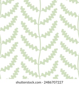 Green leaves vine lines seamless pattern. Wavy algae leaves seaweed branches. Simple graphic summer cutout botanical print in flat style with a coastal sea resort mediterranean vibe.