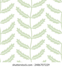 Green leaves vine lines seamless pattern. Wavy leaves on branch lines. Simple graphic summer cutout botanical print in flat style with a coastal sea resort mediterranean vibe.