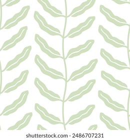 Green leaves vine lines seamless pattern. Wavy branches with tropical palm or seaweed plant leaves. Simple graphic cutout botanical print in flat style with a coastal resort rustic mediterranean vibe.