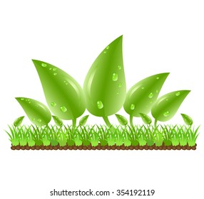 Green leaves with water drops on grass and stones. vector illustration of nature on white background. Abstract cartoon of ecology concept idea
