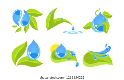 Green leaves and water drops set, ecology concept vector Illustration isolated on a white background