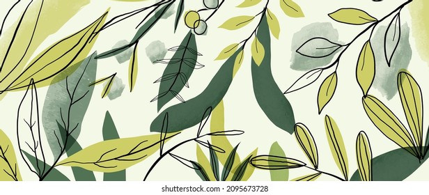 Vector de fondo de color de las hojas verdes. Diseño de papel tapiz botánico con pincel de línea de hojas y de acuarela. Diseño de patrones creativos para impresiones, artes murales y embalajes.