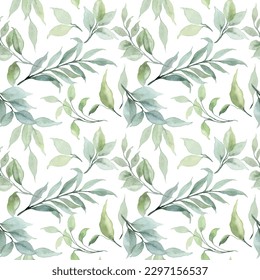 Green leaves watercolor pattern for background, fabric, textile, fashion, wallpaper, wedding, banner, sticker, decoration etc.