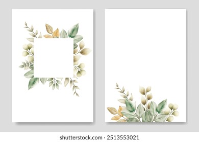 Green Leaves Watercolor Wedding Invitation Card Template