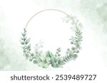 Green leaves watercolor wreath with golden frame
