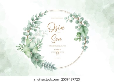 Green leaves watercolor wreath with golden frame
