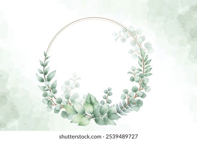 Green leaves watercolor wreath with golden frame
