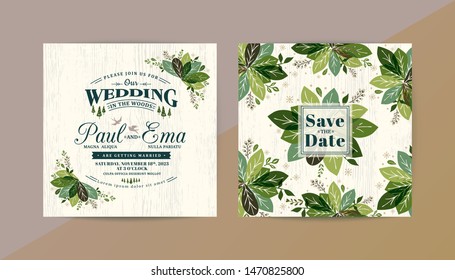 Green leaves wedding invitation card, Save the date card with vintage style typography