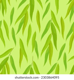 Green leaves of willow seamless pattern. Vector botanical background. Greenery cartoon illustration.