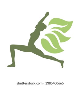green leaves and woman practicing yoga. logo icon 