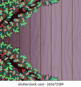 green leaves with wood in background, vector
