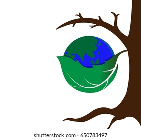 Green leaves wrap the world in dry tree, protection the world concept, vector illustration