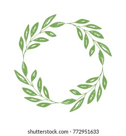 Green leaves wreath. Vector isolated. Hand drawn round frame.