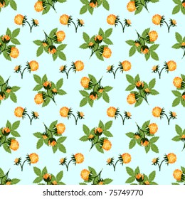 Green leaves with yellow berries of a raspberry a seamless turquoise background