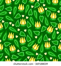 Green leaves and yellow flowers. Seamless pattern.