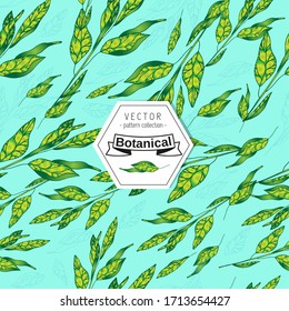 Green leavs seamless 
pattern onblue background
