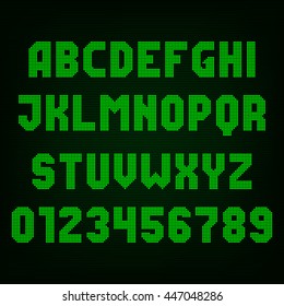 Green led digital display font. Vector alphabet - dot letters and numbers.