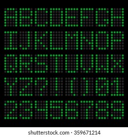 Green LED letters and numbers. Electronic scoreboard. Vector alphabet
