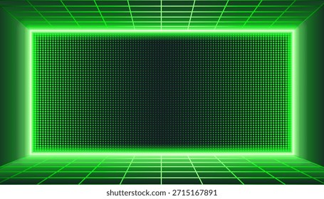 Green LED screen texture with dotted pixel grid. Digital TV display, electronic diode effect with green bulbs, LCD monitor surface, seamless video wall background, vector illustration for tech designs