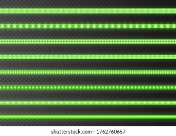 Green LED strips collection, bright luminous ribbons isolated on a transparent background. Realistic neon lights, illuminated decoration tapes set. Vector illustration.