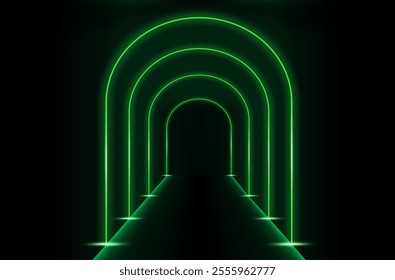 Green LED tunnel in the form of an arch. 3D vector illustration isolated on a dark background.