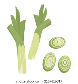 Green Leek. Log Vitamin Food Icon, Dish Preparation, Root And Sliced Circles. Vector Flat Illustration