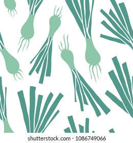 Green leek vector seamless pattern. Onion endless texture for wallpaper, textile, fabric, paper.Food background. Flat vegetables on white