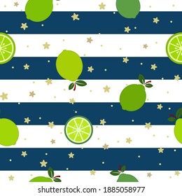 Green lemon, flat vector illustration,  over blue and white stripes and golden flowers background seamless pattern