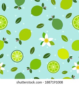 Green lemon flat vector illustration, slices, leaves and flowers seamless pattern, over sky blue background and tiny blue dots.