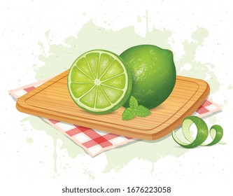 green lemon with half slice vector illustration on wooden chopping board