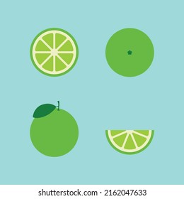 Limón verde. El Estilo Plano Mínimo. Fruta minimalista. Fondo azul limpio. Cortes de limón. Ilustración vectorial moderna.