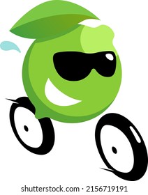 Green lemon riding bicycle logo design. A lemon with sunglasses and bike illustration vector.
