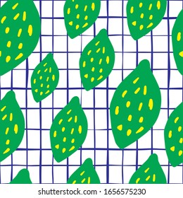 Green lemon seamless pattern in doodle style. Funny citrus fruits wallpaper. Summer background. Modern design for fabric, textile print, wrapping paper, kitchen textiles. Vector illustration