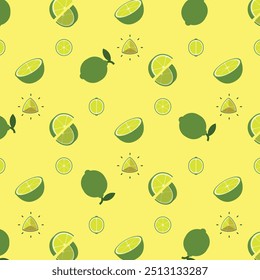 Green lemon seamless pattern, Farm fresh Sweet lime product emblem for grocery shop, Slides, long and cross sections, and different positions, simple flat vector illustration of vegetables and fruits.