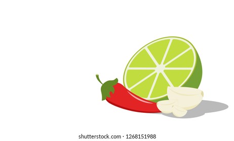 Green lemon vector. pepper and garlic vector. symbol. logo design. free space for text. wallpaper.