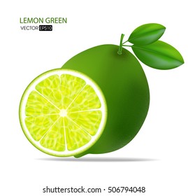 Green lemons with leaves. Collection of different fresh lemons.