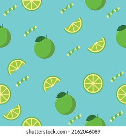 Green Lemons. Seamless Pattern. Minimal Flat Style. Minimalistic Fruit. Clean Blue Background. Lemon Slices. Modern vector illustration.