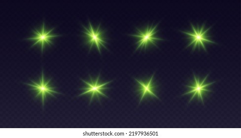 Green lens flare, glowing star with rays, shiny flash spark, bright cosmic explosion isolated on black. Vector illustration.