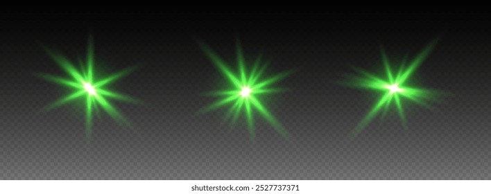 Grüne Linsen, leuchtender Stern mit Strahlen, glänzender Blitzfunken, helle kosmische Explosion. Vektorgrafik.