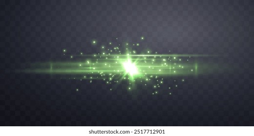 Green lens flare. Isolated on transparent background. Sun flash with rays or spotlight. Green glow flare light effect. Vector illustration