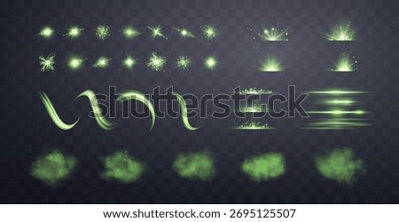 Green lens flares, lines, flashes and smokes set. Spotlight with rays or and bokeh. Glow flare light effect. Isolated on transparent background. Vector illustration.