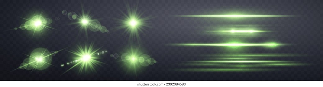 Green lens flares set. Isolated on transparent background. Sun flash with rays or spotlight and bokeh. Glow flare light effect. Vector illustration.