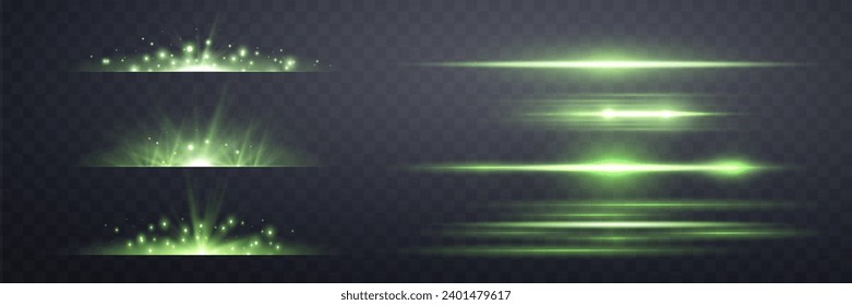Green lens flares set. Isolated on transparent background. Sun flash with rays or spotlight and bokeh. Glow flare light effect. Vector illustration.